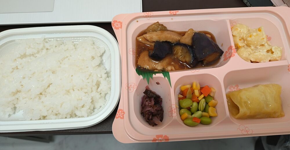 鶏肉と茄子の黒酢あん、マカロニと果物のサラダ 等の画像