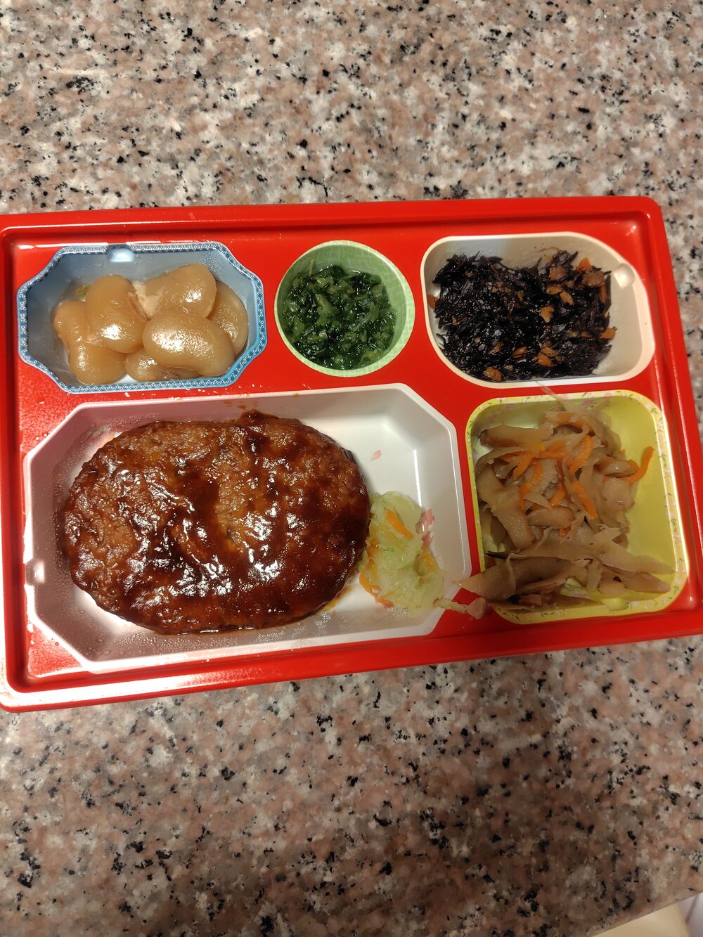 デミグラソースハンバーグ、ささがきごぼうとさつま揚げの金平 等の画像